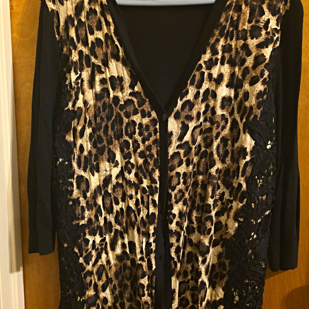 Chico's womens 16 black brown animal print lace v-neck long sleeve tunic top